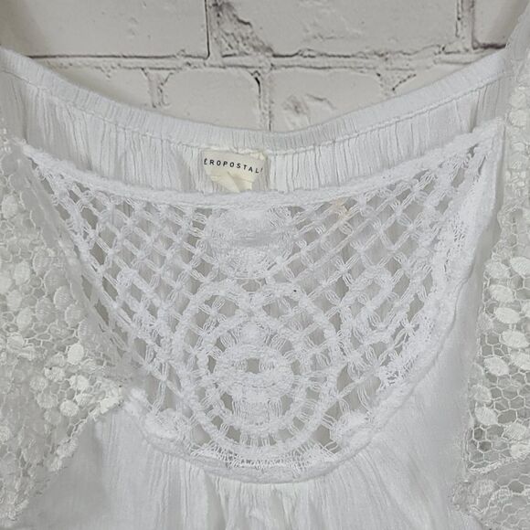 Aeropostale White Lace Flutter Sleeve Crepe Tank Tee Medium Knit Blouse Work - Picture 5 of 8